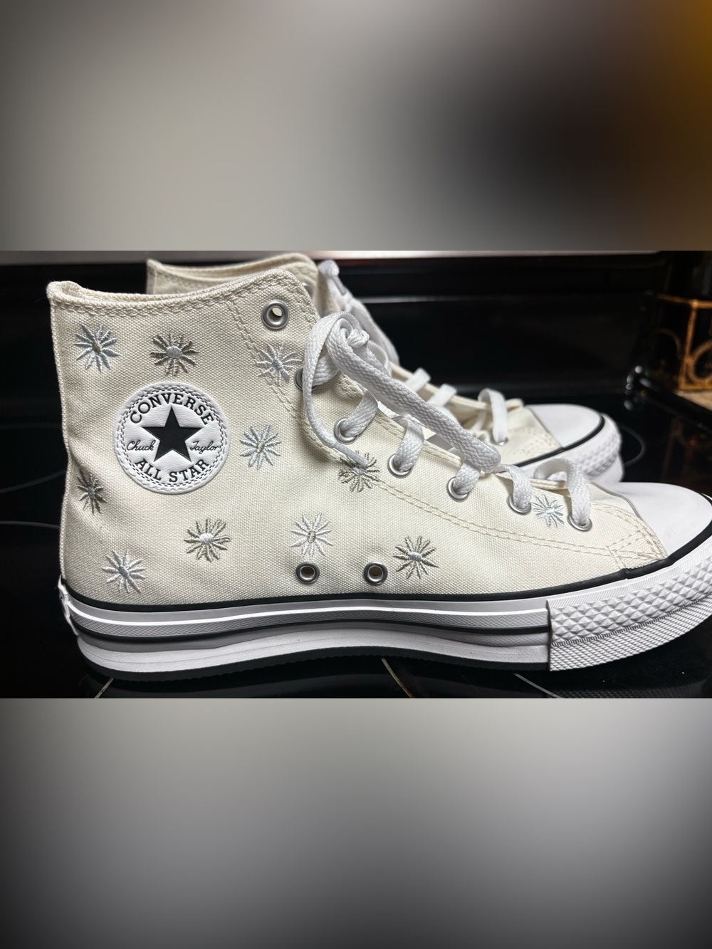 Converse All Star High Top Sneakers in Off-White with Silver Star Embroidery